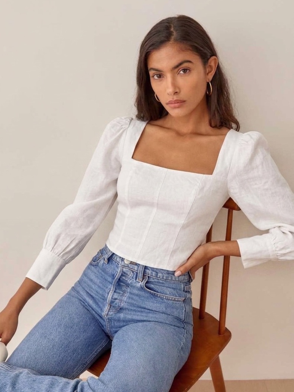 Reformation Stilton White Linen Puff Sleeve Blouse Size 2